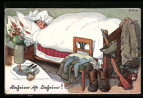 Künstler-AK P. O. Engelhard (P.O.E.): Soldat liegt schlafend im Bett, die Uniform auf dem Stuhl