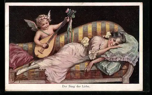 Künstler-AK Bill Fisher: Der Sang der Liebe, Frau auf dem Sofa, Engel mit Laute