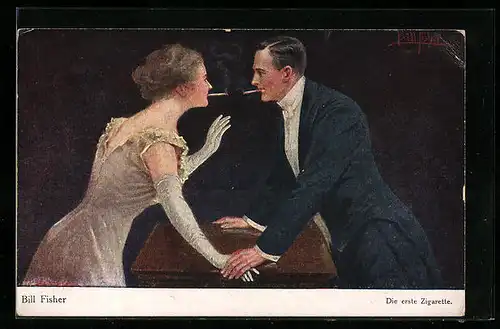 Künstler-AK Bill Fisher: Die erste Zigarette, Paar in Abendkleidung beim Rauchen