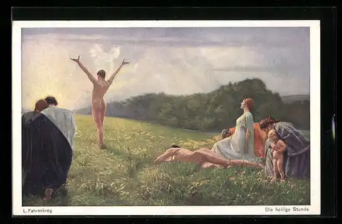 Künstler-AK Ludwig Fahrenkrog: Die heilige Stunde, Mann streckt sich nackt der Sonne entgegen