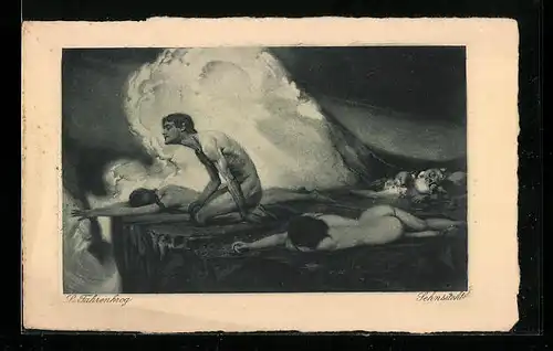 Präge-Künstler-AK Ludwig Fahrenkrog: Sehnsucht, Felsen in der Brandung, nackte Menschen