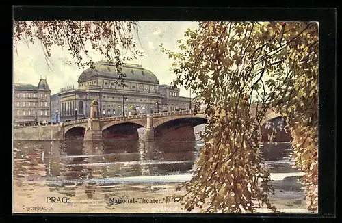 Künstler-AK Ferdinand Engelmüller: Prag, am Ufer neben der Brücke vor dem National-Theater
