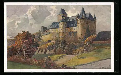 Künstler-AK Hans Rudolf Schulze: Schloss Bürresheim im Nettetal, Blick auf die Burg im Herbst