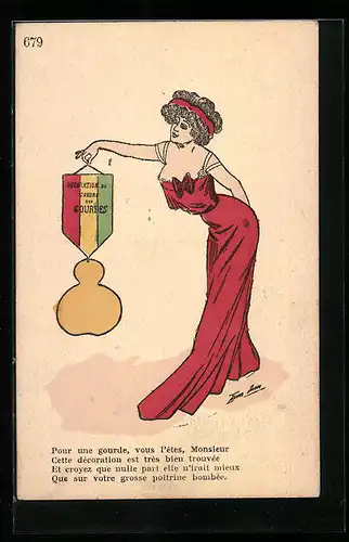 Künstler-AK Xavier Sager: Pour une gourde, vous l`etes, Monsieru, Frau im Abendkleid mit einem Wimpel