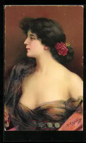 Künstler-AK Delphin Enjolras: Portrait einer freizügigen Dame mit Rose im Haar