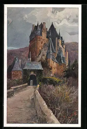 Künstler-AK Hans Rudolf Schulze: Burg Eltz an der Mosel, Strasse zur Burg hin