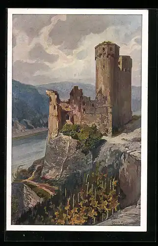 Künstler-AK Hans Rudolf Schulze: Burg Ehrenfels am Rhein, Blick auf die Burgruine