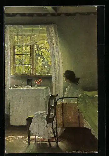 Künstler-AK sign. H. Slott-Moller: Morgenstimmung, Mädchen auf dem Bett sitzend, Dänische Kunst