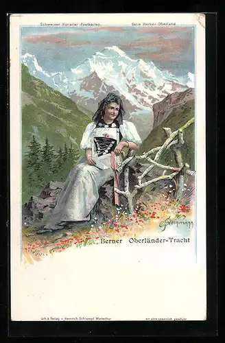 Künstler-AK C. Steinmann Nr. 2004: Berner Oberländer-Tracht, Dame auf einem Stein sitzend