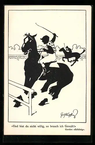 Künstler-AK Fritz Schönpflug: Schattenbild, Reiter auf seinem Pferd, einpeitschen