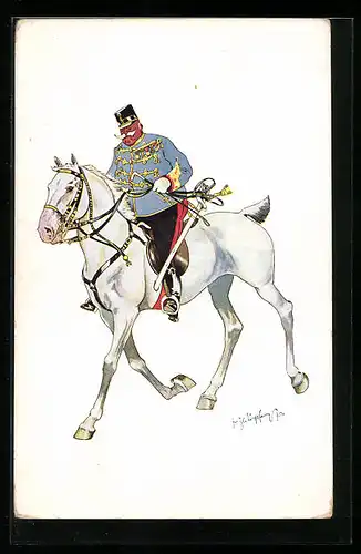 Künstler-AK Fritz Schönpflug: Offizier in Uniform auf seinem Pferd