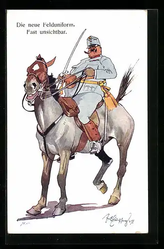 Künstler-AK Fritz Schönpflug: Soldat in Uniform auf einem Pferd, die neue Felduniform