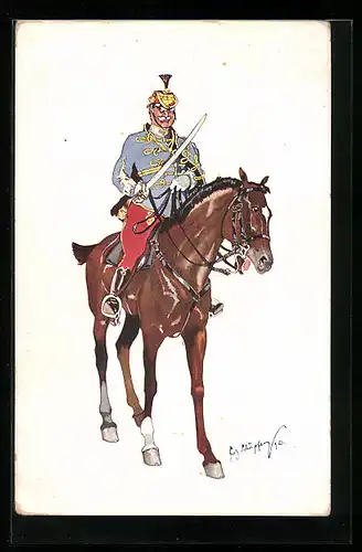 Künstler-AK Fritz Schönpflug: Offizier in Uniform mit Säbel auf seinem Pferd