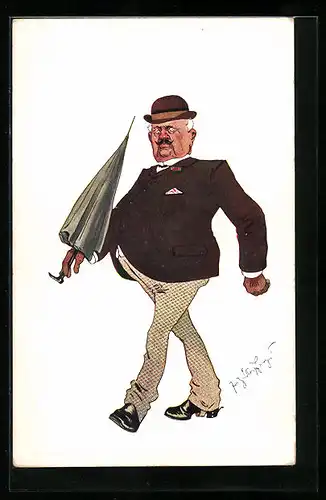 Künstler-AK Fritz Schönpflug: Mann mit Schirm und strengem Blick
