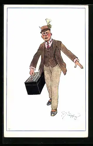 Künstler-AK Fritz Schönpflug: Mann mit einem schwarzen Koffer in der Hand