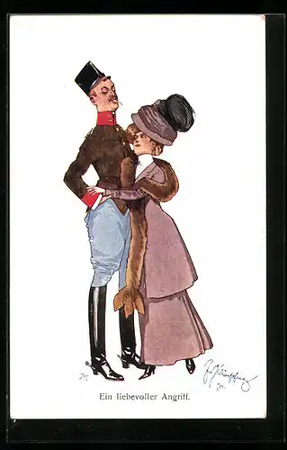 Künstler-AK Fritz Schönpflug: Ein liebevoller Angriff, Frau schmiegt sich an einen Offizier