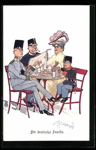 Künstler-AK Fritz Schönpflug: Die ärarische Familie, Frau sitzt mit drei Offizieren am Tisch