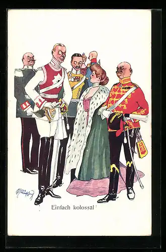 Künstler-AK Fritz Schönpflug: Einfach kolossal, Abendgesellschaft einer Frau unter Offizieren in Uniformen