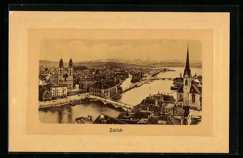 Präge-AK Zürich, Blick über die gesamte Stadt auf die Kirchen
