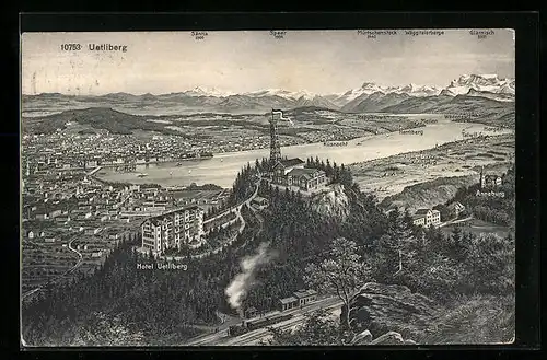 Künstler-AK Zürich, Hotel Uetliberg mit Stadttotale und Blick zum Säntis