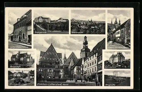 AK Eisleben, Totalansicht, Amtsgericht, Bergschule, Brunnen auf dem Markt, Gymnasium