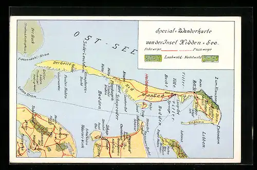 Künstler-AK Hiddensee, Landkarte der Insel mit allen Wanderzielen