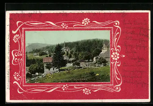Präge-AK Schierke, Blick zur Kapelle am Hang, Rahmen aus Blumen