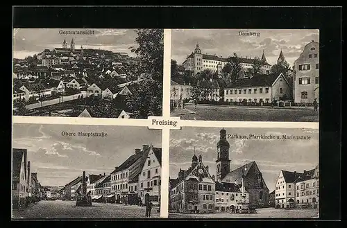 AK Freising, Gesamtansicht, Blick auf den Domberg, Rathaus, Pfarrkirche und Mariensäule, Obere Hauptstrasse