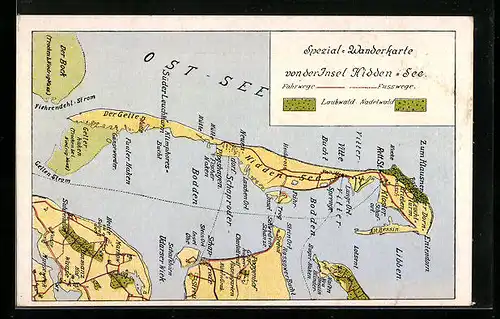 Künstler-AK Hiddensee, Landkarte der Insel, Ziele für Wanderungen