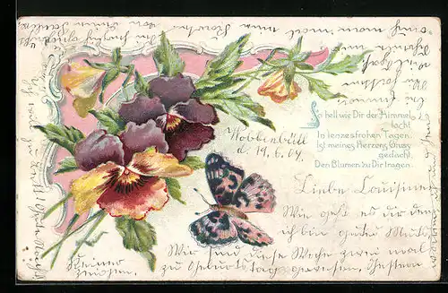 Lithographie Schmetterling und Stiefmütterchen