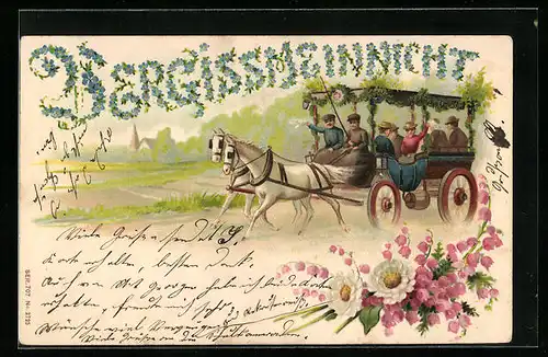 Lithographie Menschengruppe in einer Pferdekutsche bei einer Landpartie