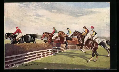 Künstler-AK Reiter mit ihren Pferden beim Hindernisrennen, Pferdesport