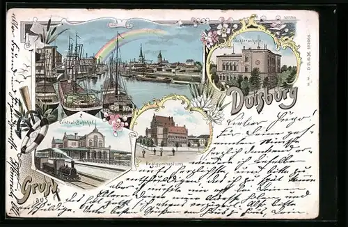 Lithographie Duisburg, Hafenpartie, Central-Bahnhof, Töchterschule