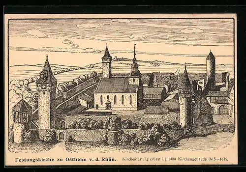 Künstler-AK Ostheim v. d. Rhön, Blick auf die Festungskirche