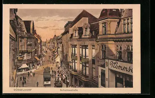 AK Düsseldorf, Abendstimmung in der Schadowstrasse, Strassenbahn