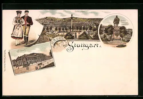 Lithographie Stuttgart, Königsbau, Herzog Christoph Denkmal, Schlossplatz