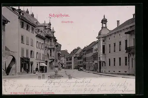 AK Schopfheim, Blick in die Hauptstrasse mit Geschäften