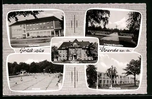 AK Voerde /Ndr.-Rh., Sparkasse, Kriegsgrabstätte, Freibad, Realschule