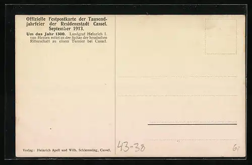 Künstler-AK Kassel, Tausendjahrfeier 1913, Landgraf Heinrich I. von Hessen um 1300