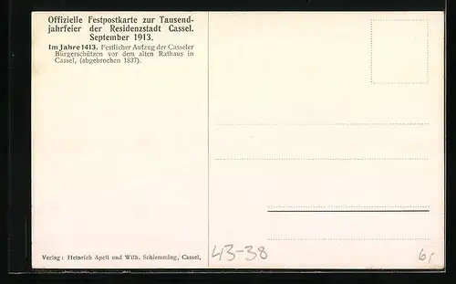 Künstler-AK Kassel, Tausendjahrfeier 1913, Festlicher Aufzug der Casseler Bürgerschützen 1413