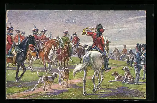 Künstler-AK Kassel, Festpostkarte d. Tausendjahrfeier 1913, Hofgesellschaft u. Landgraf Friedrich II. zu Pferde, um 1763