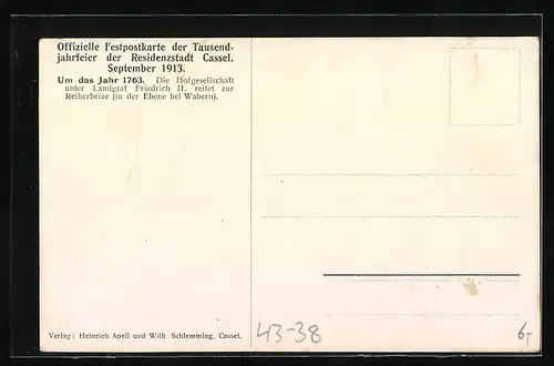 Künstler-AK Kassel, Festpostkarte d. Tausendjahrfeier 1913, Hofgesellschaft u. Landgraf Friedrich II. zu Pferde, um 1763