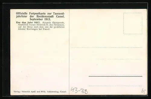 Künstler-AK Kassel, Tausendjahrfeier 1913, Kaiserin Kunigunde auf der Reise nach dem Kloster Kaufungen