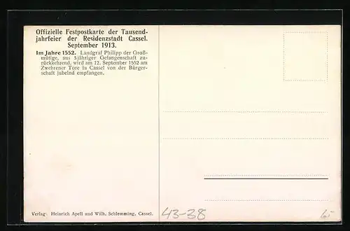 Künstler-AK Cassel, Festpostkarte zur Tausendjahrfeier 1913, Landgraf Philipp der Grossmütige