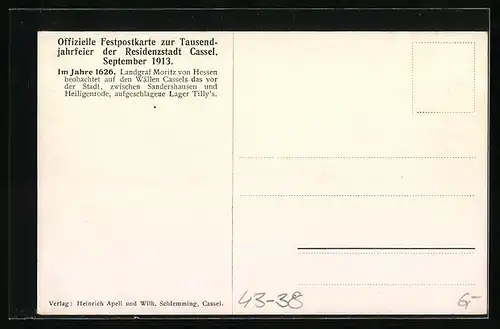 Künstler-AK Kassel, Tausendjahrfeier 1913, Landgraf Moritz von Hessen um 1926