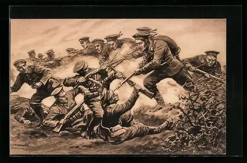 Künstler-AK Curt Schulz-Steglitz: Der grosse Krieg 1914 /15, Deutsche Matrosen schlagen die Engländer bei Antwerpen