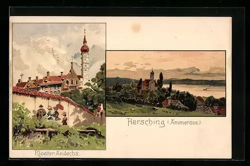 Künstler-AK Otto Strützel: Hersching, Kloster Andechs, Ammersee