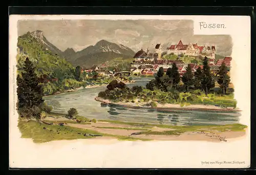 Künstler-AK Otto Strützel: Füssen, Panoramablick auf die Stadt