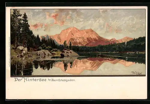 Künstler-AK Otto Strützel: Berchtesgaden, am Ufer des Hintersee, Blick auf die Berge