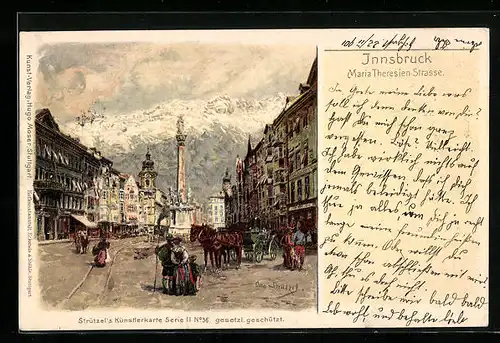 Künstler-AK Otto Strützel: Innsbruck, Maria-Theresien-Strasse mit Passanten und Kutsche